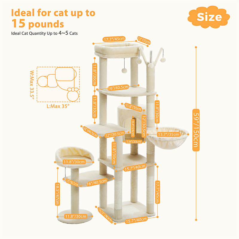 Arbre à chat 59 po, grand arbre à chat pour grand chat, tour pour chat à plusieurs niveaux avec 3 bâtons de pompon amovibles, arbre à chat pour chat d'intérieur, condo pour chat avec grand hamac, poteau à griffes et 2 perchoirs