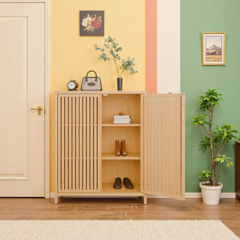 42 Inch Bamboo Storage Cabinet With Doors And Shelves Space-Saving Organizer For Bathroom Bedroom Or Entryway