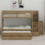 Lit superposé avec lit gigogne, tiroirs de rangement, escalier et garde-robe-405486833
