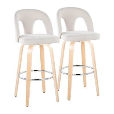 Ensemble de 2 tabourets de bar pivotants contemporains, siège d'une hauteur de 30,25 po, revêtement en tissu blanc neige avec pieds en bois naturel et repose-pieds chromé