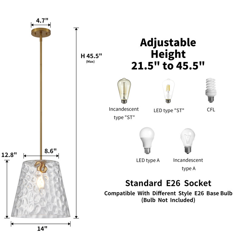 Adjustable Pendant Light With Hammered Glass Shade