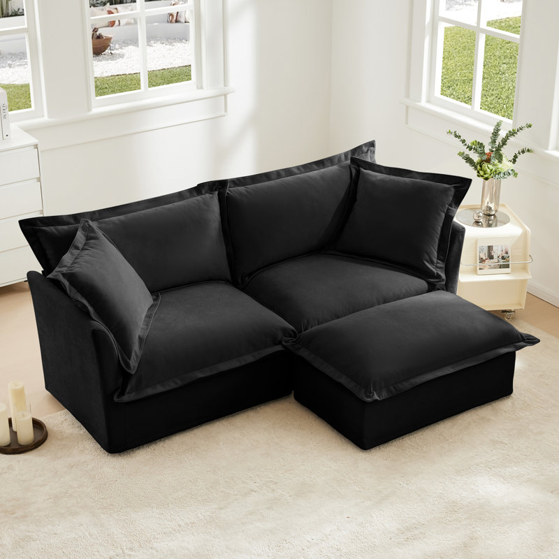 Sectional 2 Seater Sofa Couch With Convertible Ottoman, L Shaped Sofa,chenille Fabric, Black Chenille