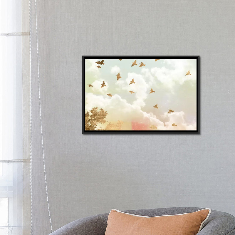 «Golden Flight I», reproduction sur toile, H 18 po x l 26 po x P 1,5 po, Toile avec cadre noir, Pas de tapis