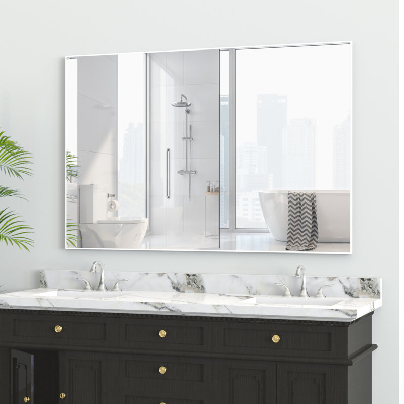 Miroir mural surdimensionné de 48 po x 32 po avec cadre en aluminium blanc, imperméable, facile à installer pour la chambre à coucher, la salle de bain, le salon et pouvant être installé de différentes façons