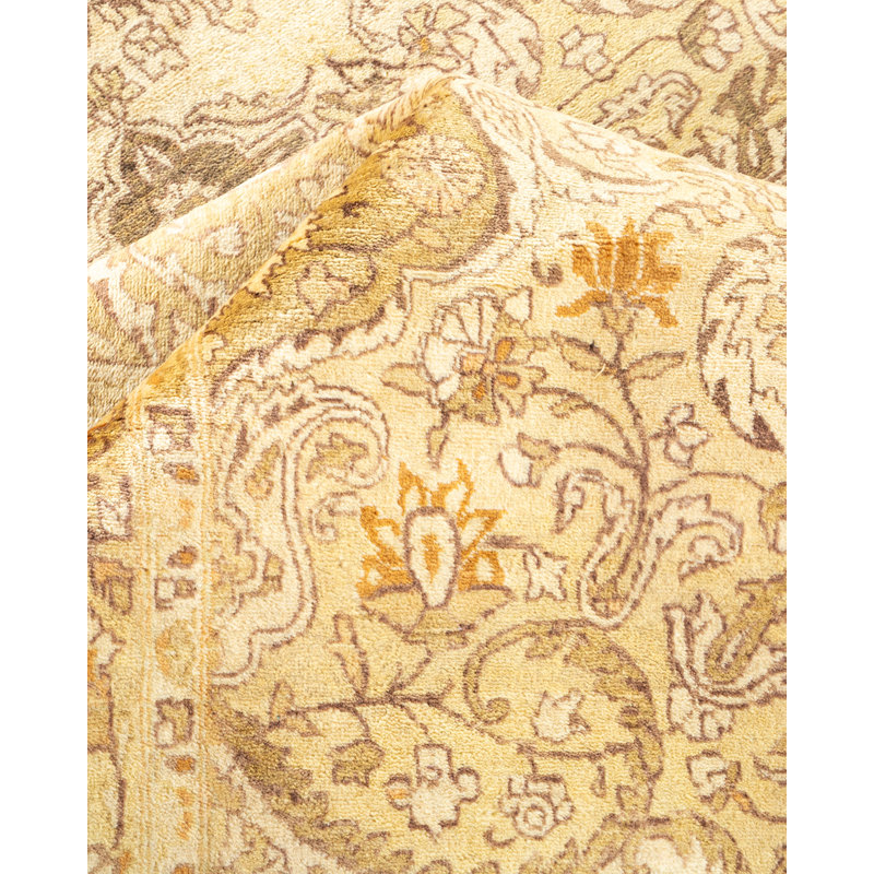 Tapis jaune en laine noué à la main de conception unique 8 pi 2 po x 10 pi 3 po Ohlone