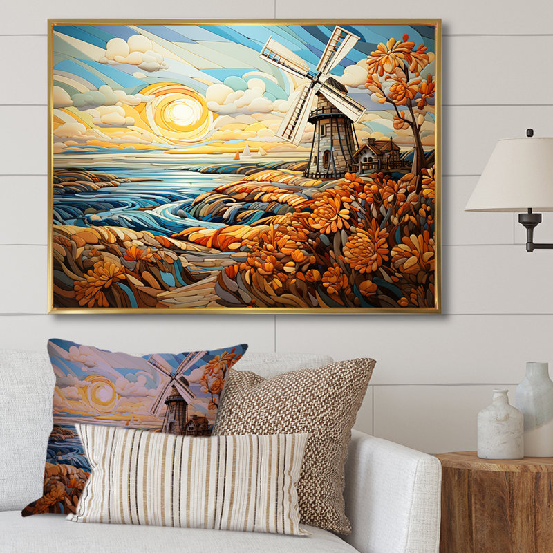 Windmill Coastal Breeze - Wind Turbines, art mural, Cadre flottant doré, H 30 po x l 40 po x P 1,5 po