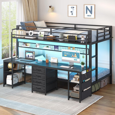 Lit superposé simple au-dessus d'un lit simple avec bureau pour 2 personnes, lit superposé simple à DEL avec 4 tiroirs, support de rangement, 4 tablettes et prises de courant, lits superposés simples en métal avec garde-corps pour la chambre à coucher