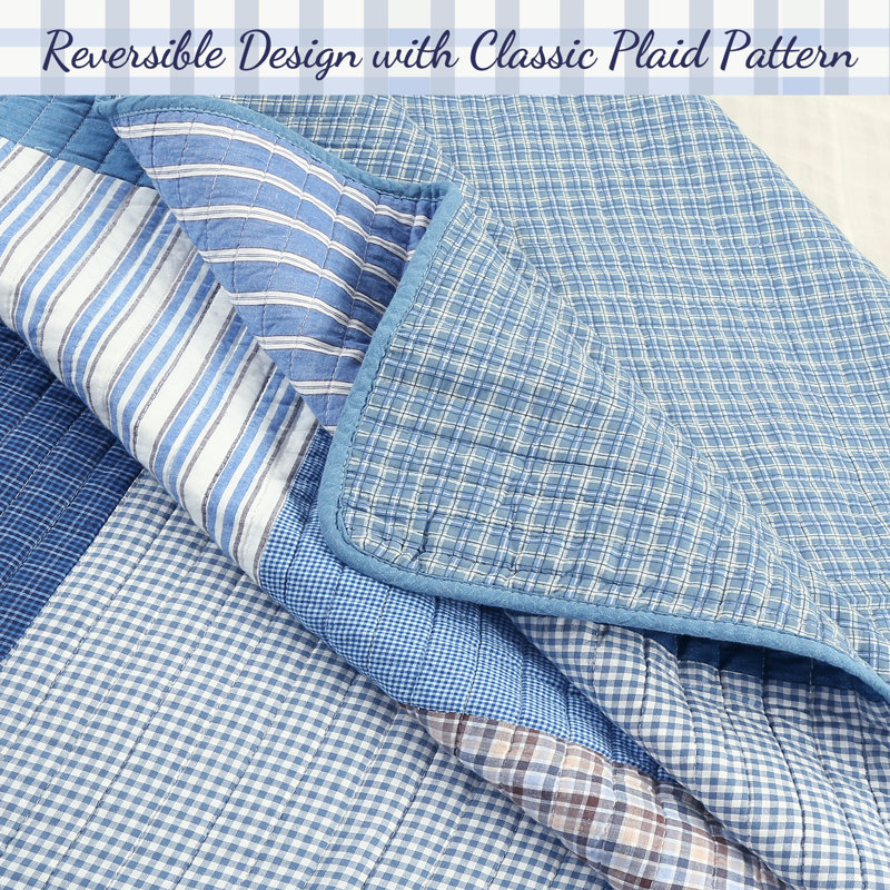 Blue Plaid Patchwork Cotton Twin Reversible Quilt Set