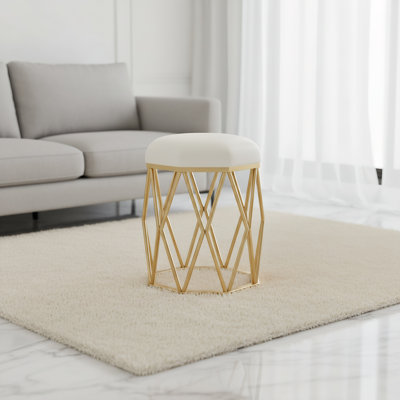 Tabouret de coiffeuse rond, avec siège rembourré en velours Teddy et structure géométrique en métal doré, robuste et polyvalent, style luxueux moderne