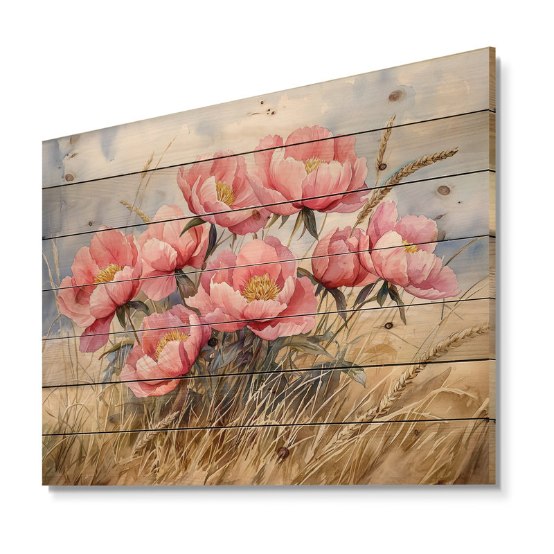 Pivoines dans le champ d'ivraie III - impression de pivoines sur bois de pin naturel, H 10 po x l 20 po x P 0,78 po