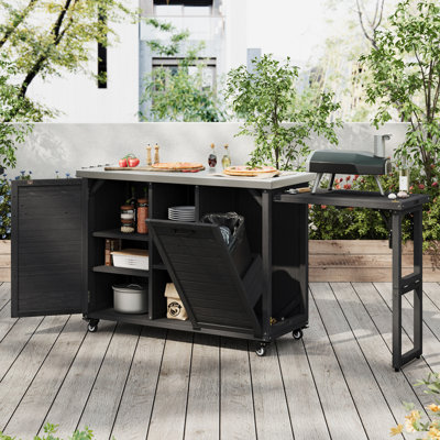 Chariot de gril avec table de barbecue pliable, cuisine extérieure avec rangement pour poubelle et plateau en acier inoxydable