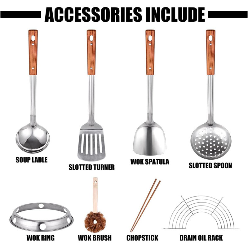 Ensemble de 8 accessoires de cuisine pour wok chinois en acier au carbone. 13,4 po.
