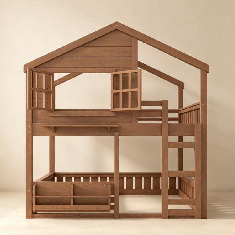Full Size House Bunk Bed With Bookshelf, Wooden Full Loft Bed With Safety Rails & Ladder, Kids Full Over Full Bunk Bed For Bedroom, Natural