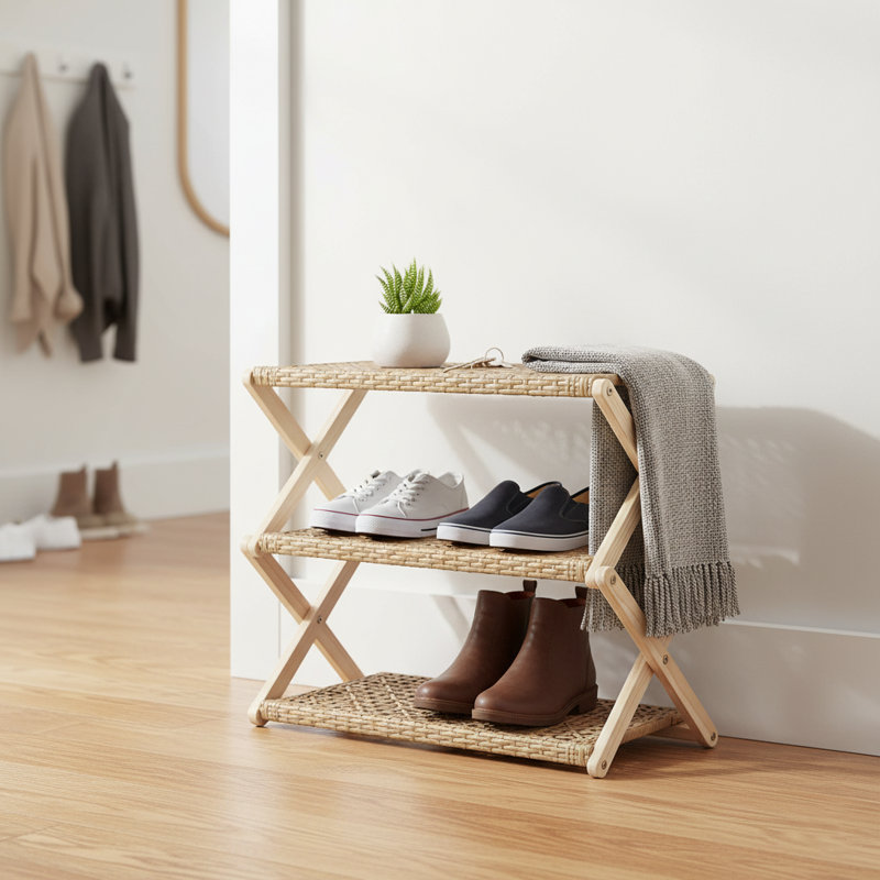 Étagère à chaussures pliante en osier 3 niveaux 9 paires Turin, Motif croisé
