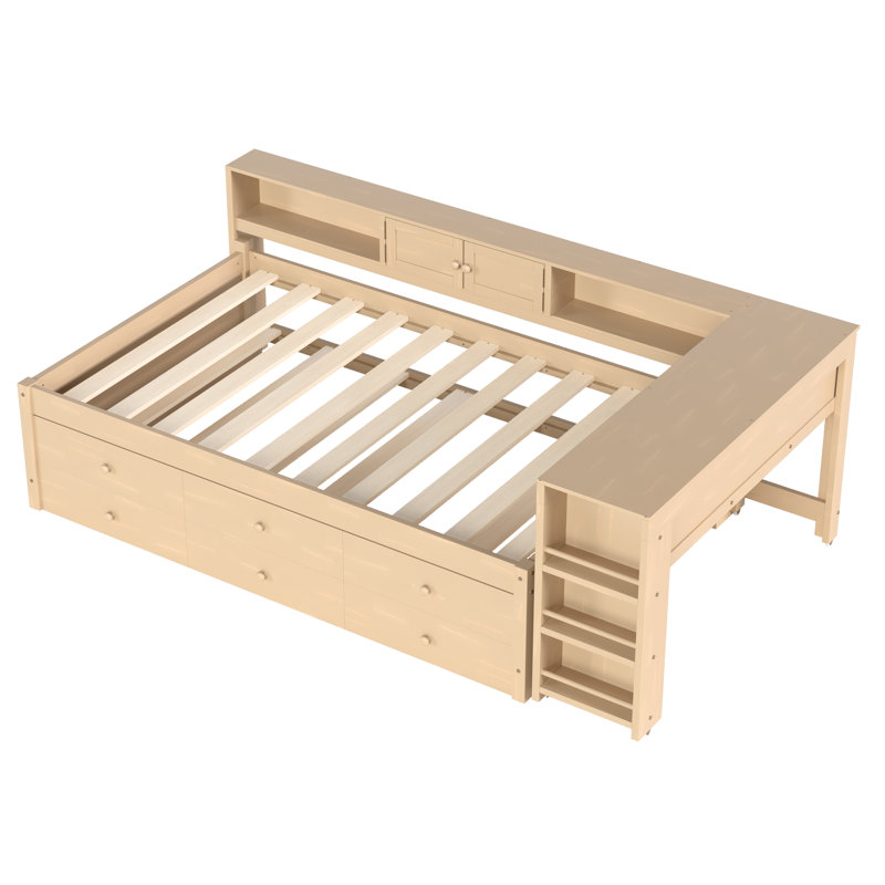 Twin Size Daybed With Trundle,Wood Daybed Frame With Storage Drawers,Side Shelves And Desk,Golden., Twin, Golden