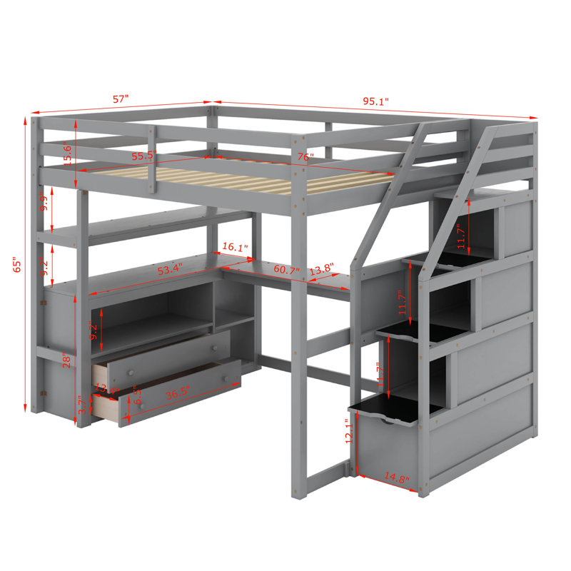 Full Size Loft Bed With Desk And Shelves, Gray, Full