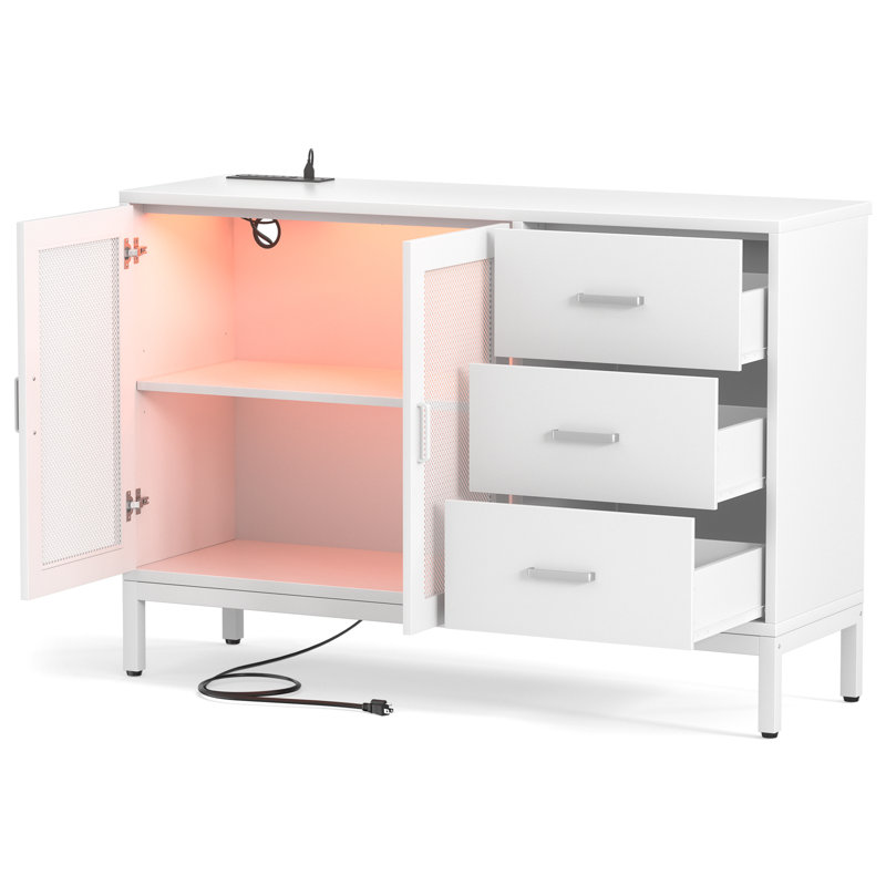 Kyzier 45.27'' Coffee Wine Bar Cabinet with LED Light, Sideboard With 3 Drawers, White