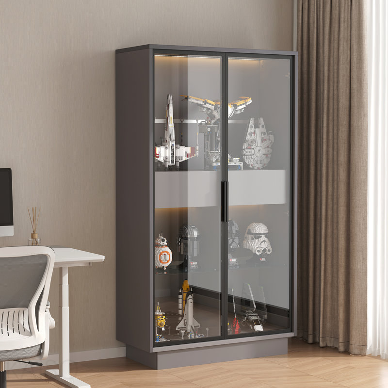 Vitrine autoportante de 60,6 po avec 2 tiroirs de rangement, garde-manger avec portes en verre et éclairage à DEL, bibliothèque moderne avec tablettes réglables