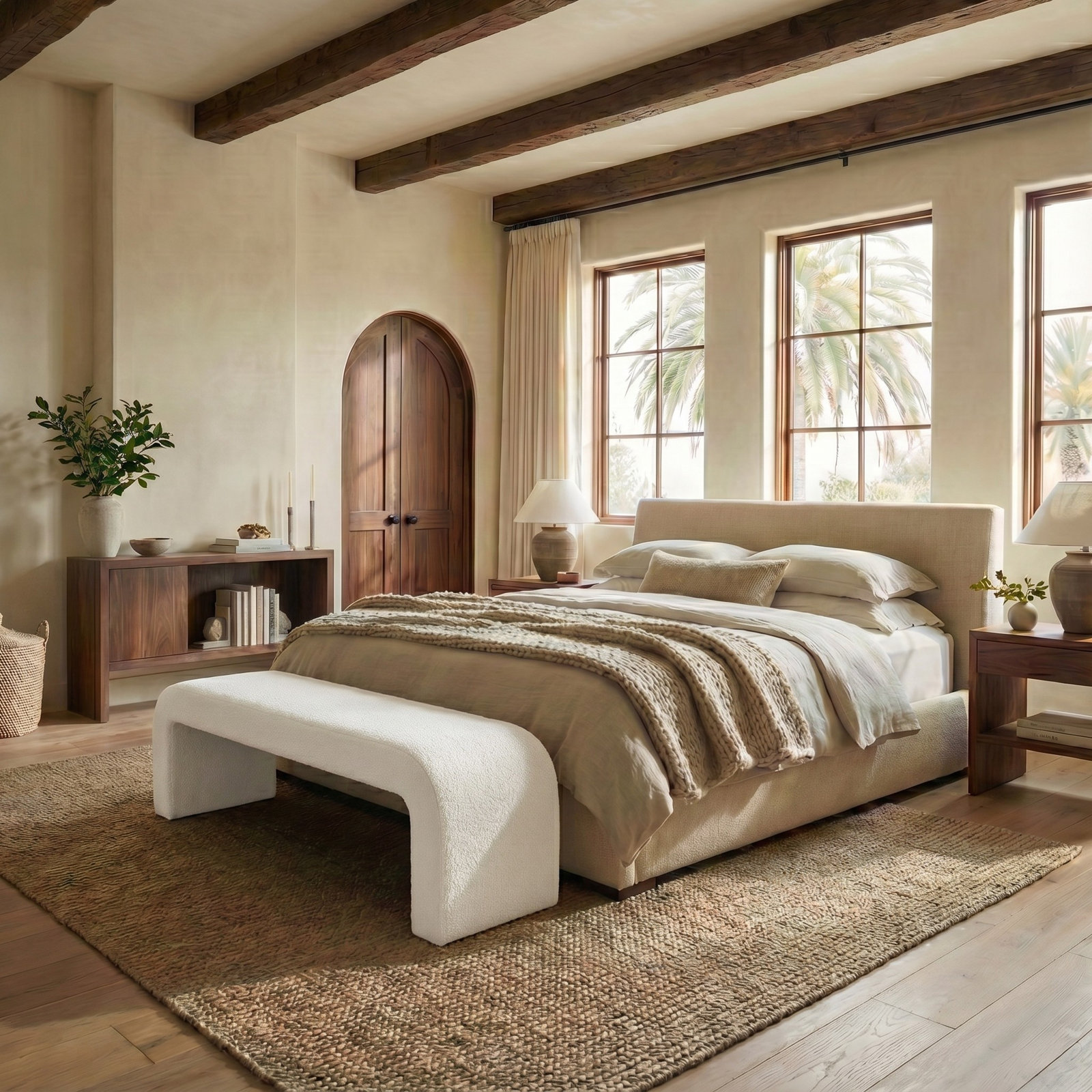 Daine 62" Linen Bedroom Bench, White Faux Lambs Wool