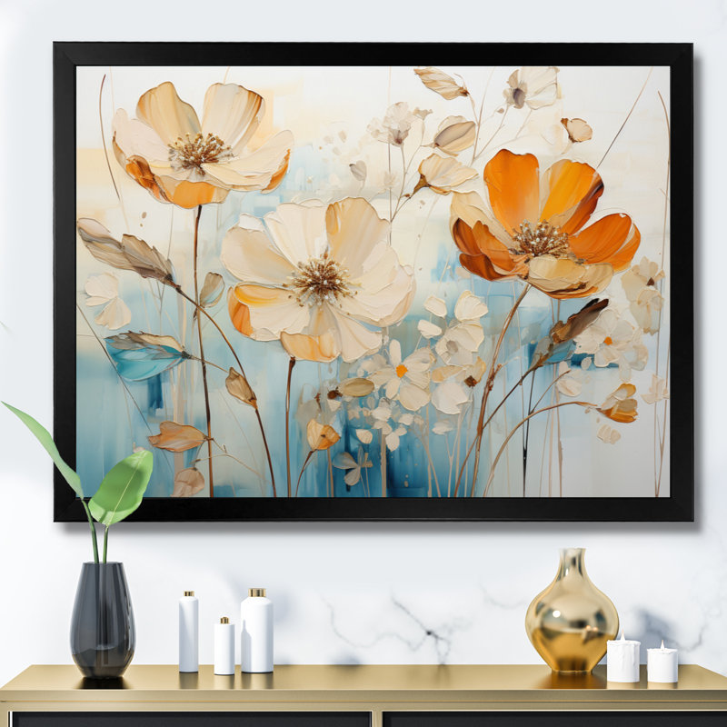 «Teal Orange Botanical Fragments II», art mural abstrait sur toile, Cadre photo noir, H 24 po x l 32 po x P 1 po