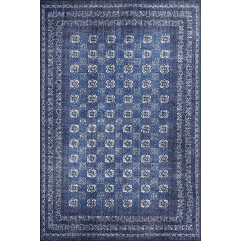 Tapis bleu marine à motif rétro tissé, Tapis de couloir 2 pi 6 po x 9 pi 11 po