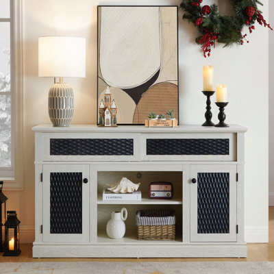 Embossed Pattern TV Stand, TV And Media Console With Open And Closed Storage Space And Sliding Door For Living Room & Bedroom