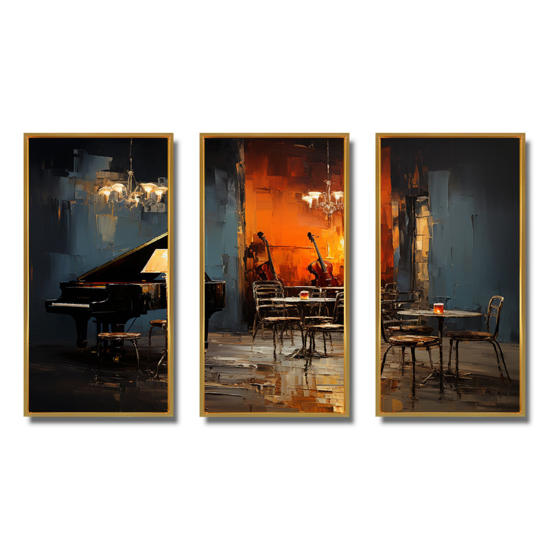 Rétro Sonate pour piano dans Jazz Cafe II - musique Jazz Art mural, H 28 po x l 36 po x P 1 po, Cadre flottant doré