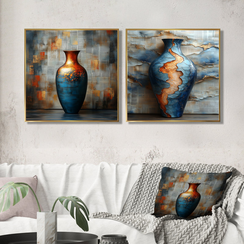 «Golden Blue Celestial Pottery Dreams III - Boho Pottery Wall Art - Art mural traditionnel pour le salon 2 pièces, Doré