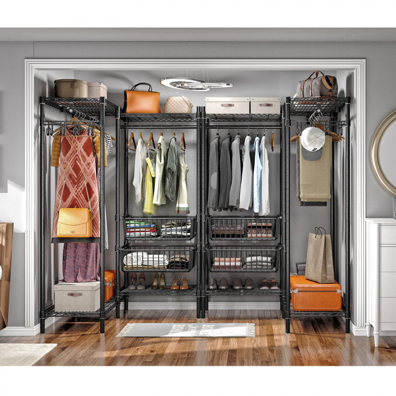 Black L-Shaped Metal Garment Rack with Slide Baskets and Shelves
