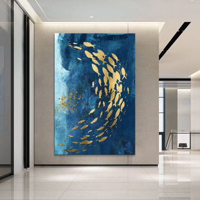 Blue and Gold Fish Picture Wall Art on Canvas, 24x32 Inch Abstract Giclee Artwork Prints Wall Decor for Home, Hotel and Office