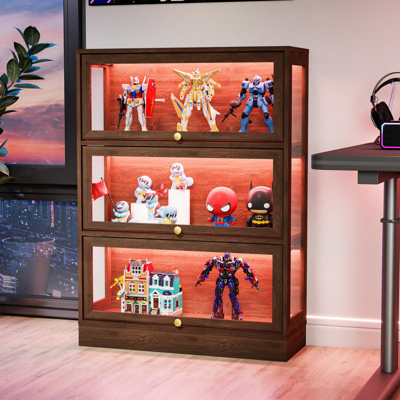Display Cabinet With Acrylic Glass Doors,3-Tiers Curio Cabinet With LED Lighting For Collectibles, Collectibles Toy Organizers Rack & Display Shelf Display Case Storage Cabinet, Black