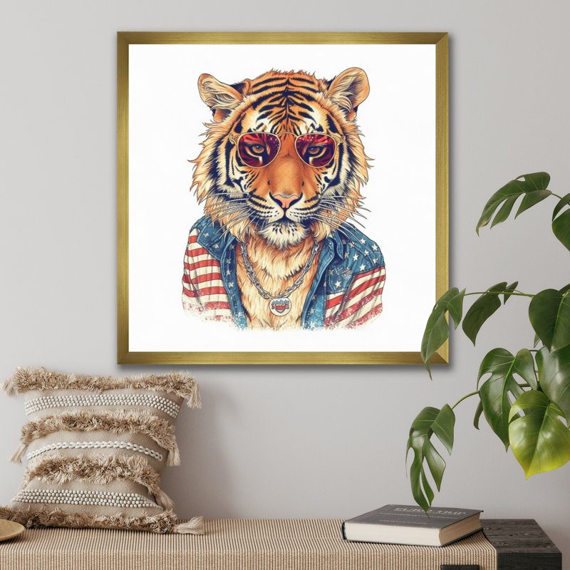 Tigre orange bleu avec lunettes de soleil sur toile, H 16 po x l 16 po x P 1 po, Encadrement doré