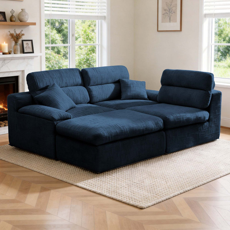 L-Shaped Corner Chaise Sofa with High Backrest and Sleeper Function, Dark Blue