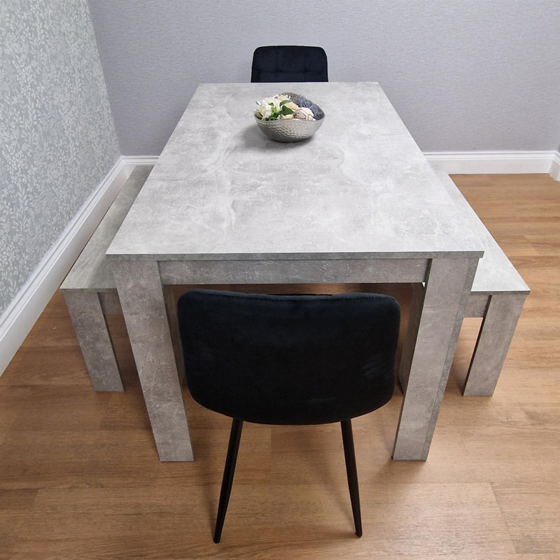 Dining Table Set with 2 Velvet Chairs and 2 Benches, Stone Effect Wood Table, Modern Dining Room Furniture, Black