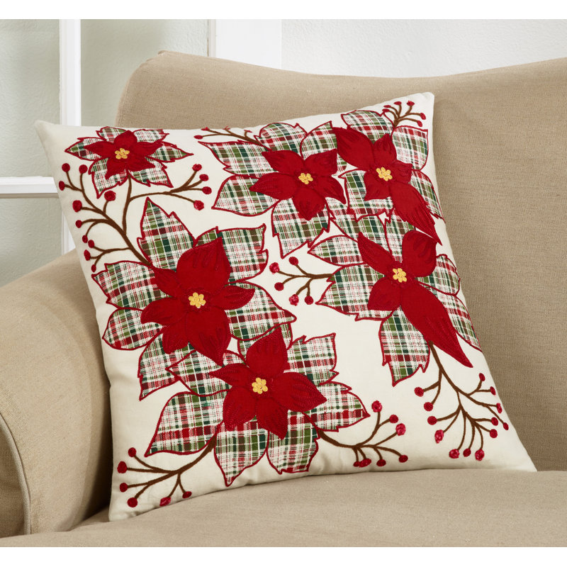Red and Plaid Poinsettia 20" Decorative Pillow Cover