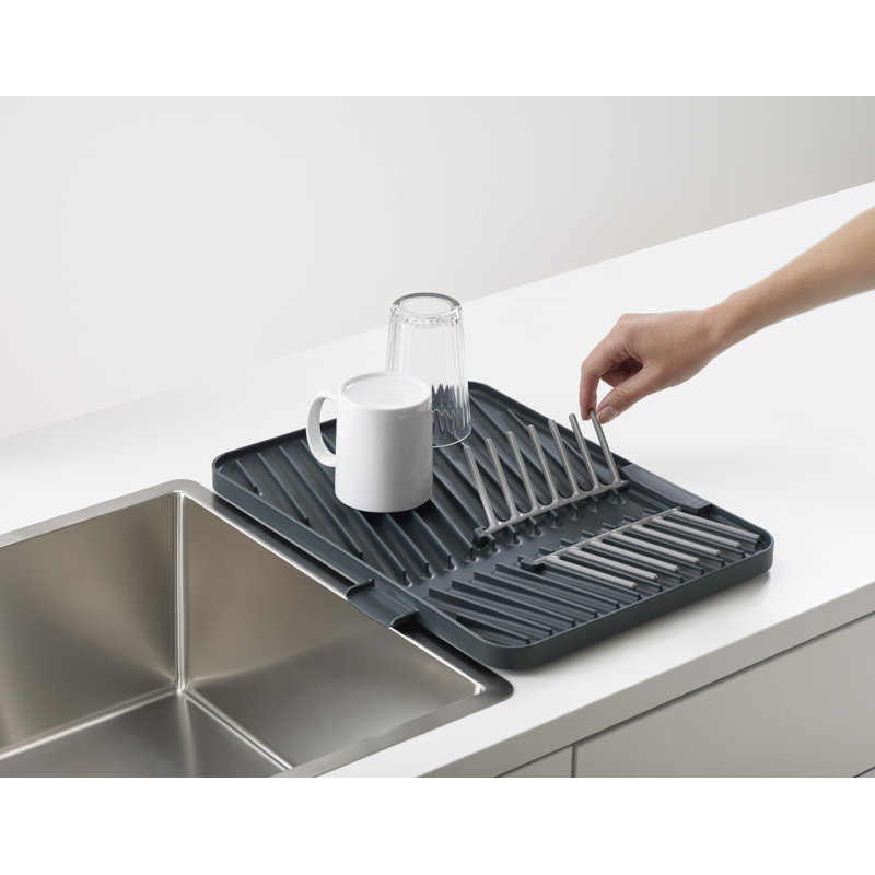 Gray Foldable Plastic Dish Draining Board with Pop-Up Rack