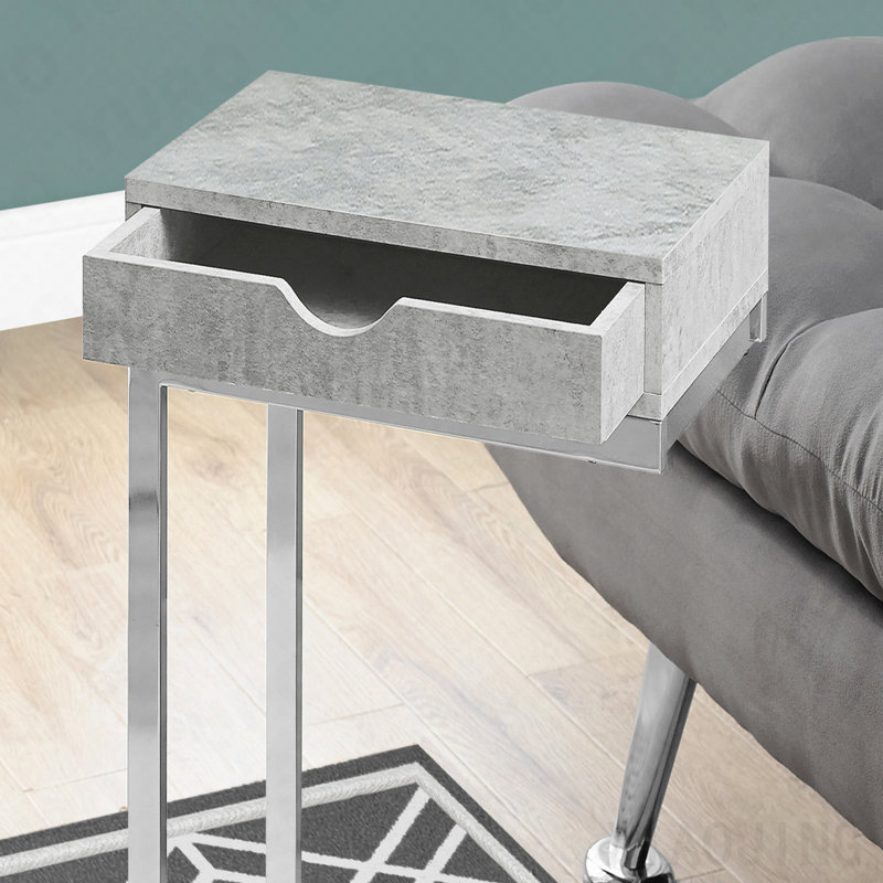 Table d'appoint en forme de C en stratifié gris avec tiroir de rangement, 24.5" H x 15.75" W x 10.25" D, Grey/Silver