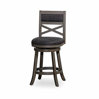 Tabouret de bar de 24 po à dossier en X pivotant, traitement de surface gris patiné, assise en tissu gris anthracite