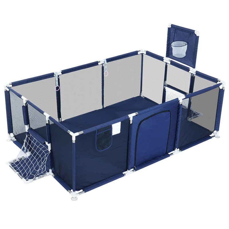 71"x48" Baby Playpen Sturdy Safety Play Yard Activity Center with Basketball Hoop and Football Net, Navy Blue