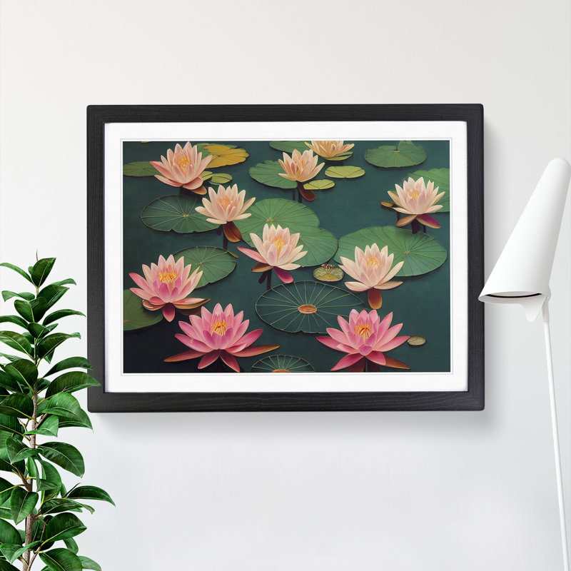 Inspirational Water Lily Pond - Single Picture Frame Print, 46cm H x 64cm W x 2cm D, Black
