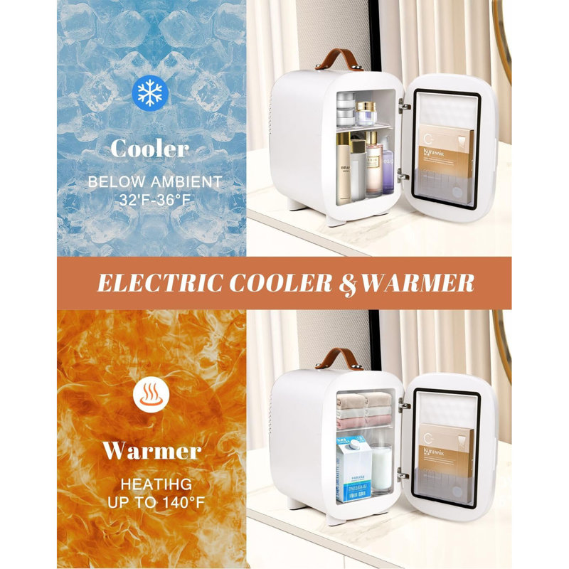 4L/6-Can Mini Fridge For Bedroom â€“ Portable Skincare Cooler & Warmer With LED Mirror, 12V AC/DC Power, Ideal For Drinks, Makeup, Dorm, Office & Car, Mirror