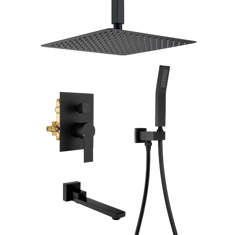 Système de douche de plafond de 12 pouces avec douchette à main à poignée simple Ensemble de garniture de douche en laiton moderne avec bec de baignoire