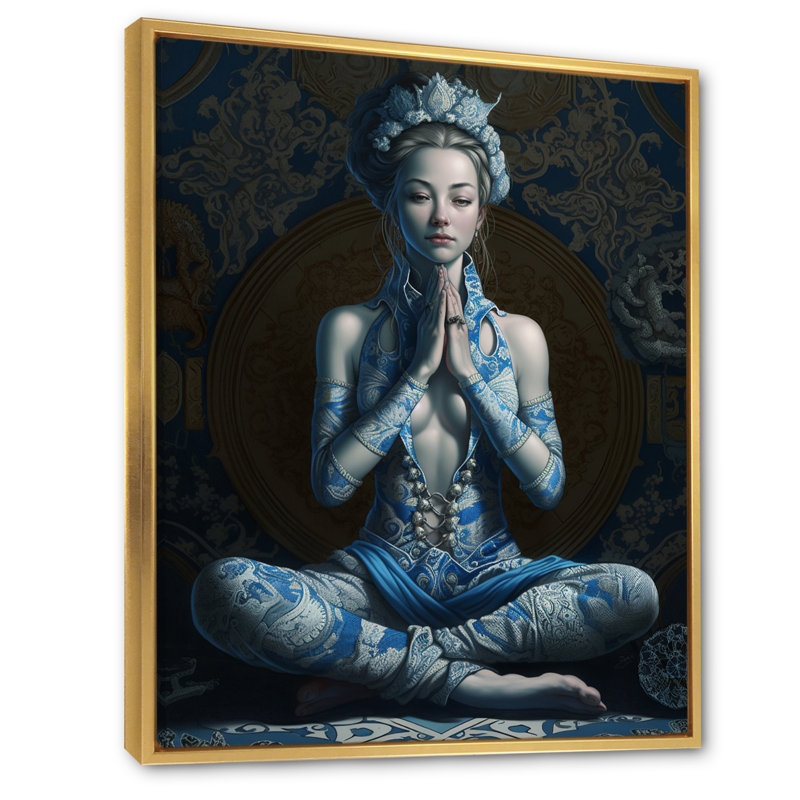 «Blue Yogini Meditation Spiritual Elegance I», reproduction sur toile, 20" H x 12" W, Cadre flottant doré