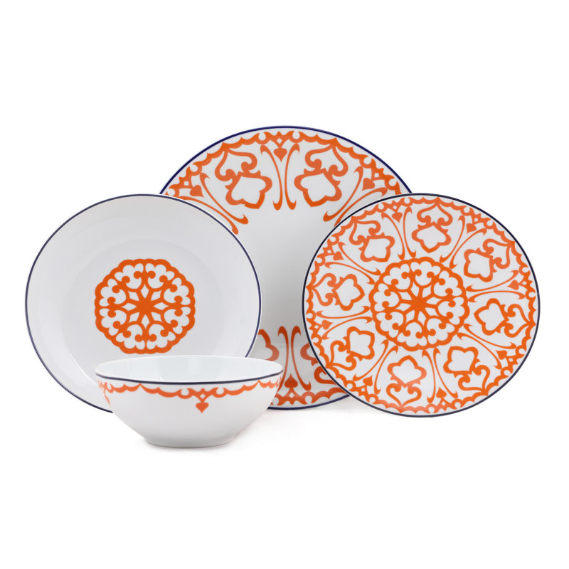 Mattapan Piece Porcelain China Dinnerware Set - Service for 6, White/Orange/Dark Blue