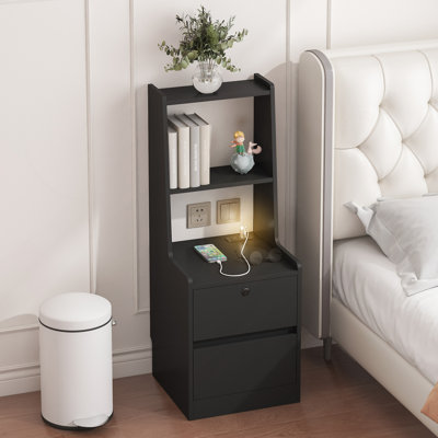Nightstand With Charging Station, Smart Nightstand With Night Light, Modern Night Stand With Bookshelf, Bedside Tables With Storage Cabinet For Bedroo by 17 Stories