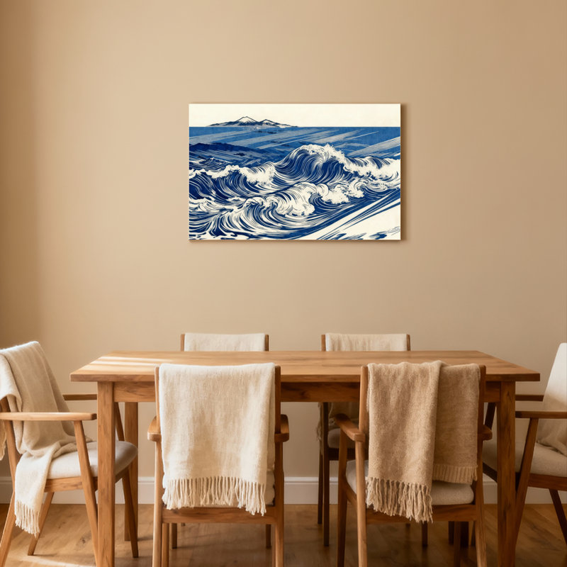 Ensemble de 1 tableau sur toile tendue représentant un paysage de vagues bleues et de montagnes, H 24 po x l 36 po