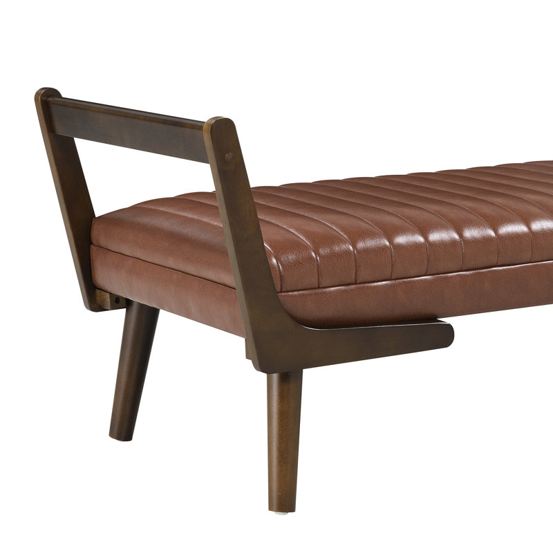 Banc de style Mid-Century avec pieds en bois de noyer, repose-pieds cannelé en polyuréthane cognac