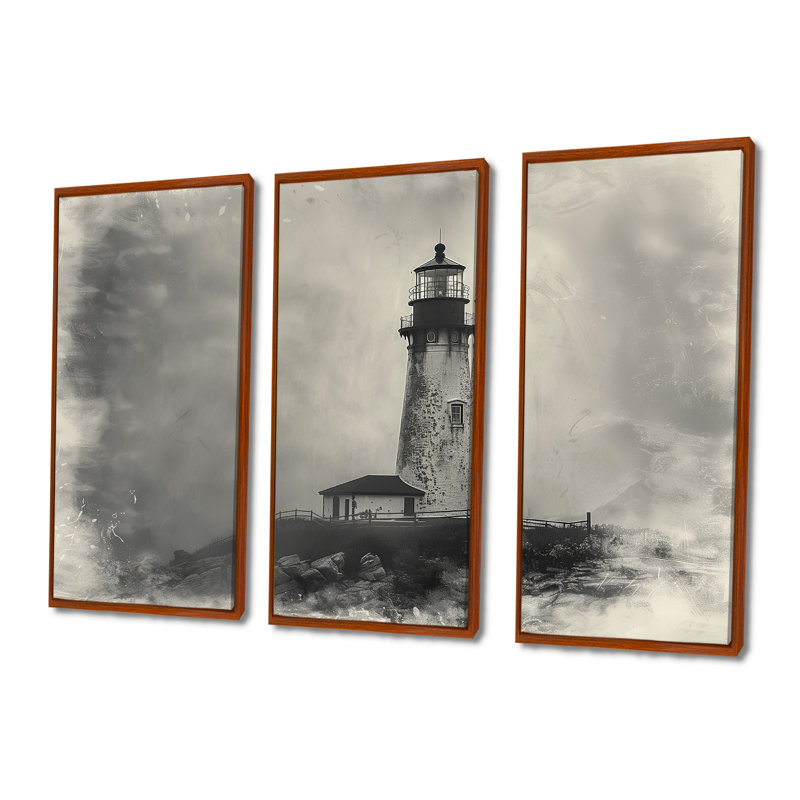 Phare rétro rétro brouillard d'hiver - ensemble de reproductions d'art mural phares, Toile avec cadre flottant brun