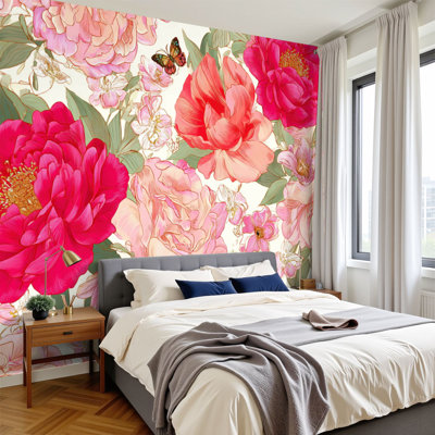Papier peint adhésif auto-adhésif moderne l 96 "x H 69" pour chambre à coucher, fleurs roses rouges, papillon rose, peinture victorienne