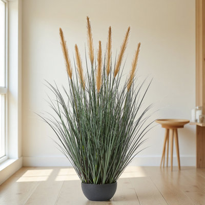 3ft Artificial Onion Grass Plant with 7 Feathery Flower Heads, Faux Horsetail Reed Grass in Pot, Indoor Outdoor Realistic Floor Greenery for Home Office Décor